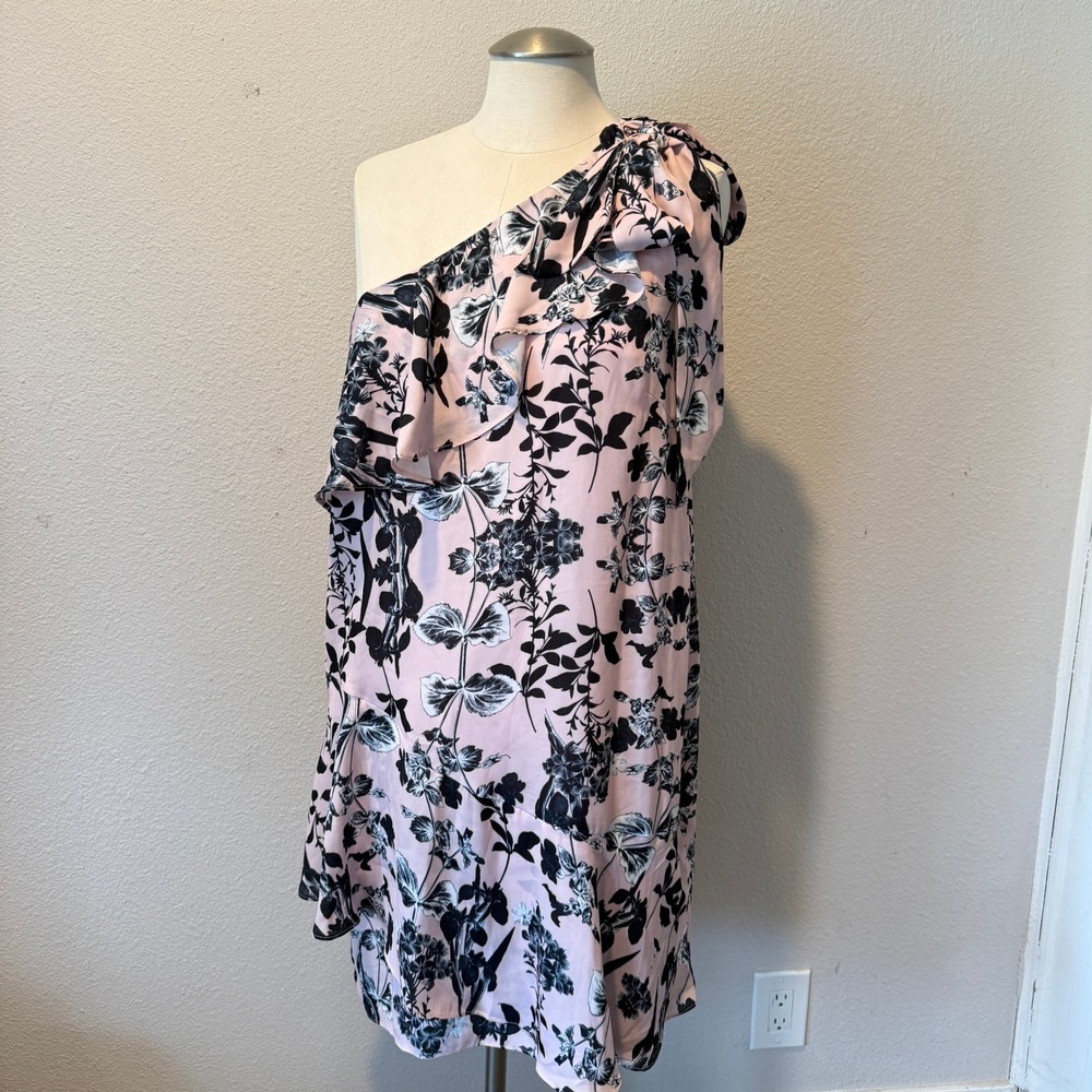 Parker Pearl Paradise One Shoulder Floral Ruffle Mini Dress Pink Black M NEW